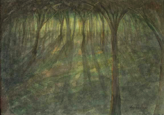 forest at dawn painting watercolor art