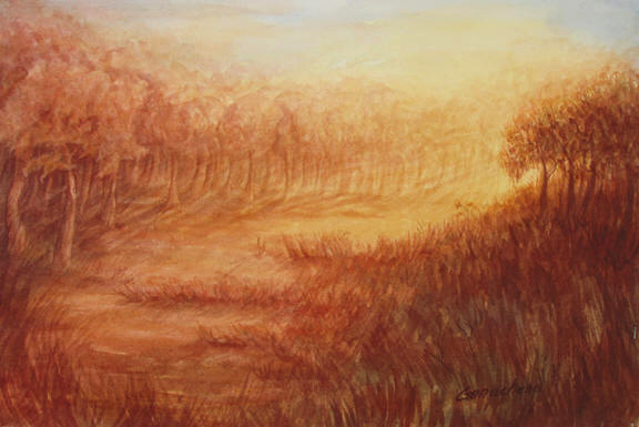 Hudson's Inspiration landscape painting of a forest in a golden fog watercolor art