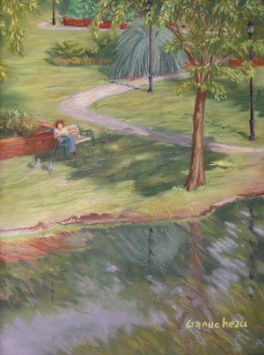 original art landscape painting of the lake at Hugh MacRae Park in Wilmington, NC