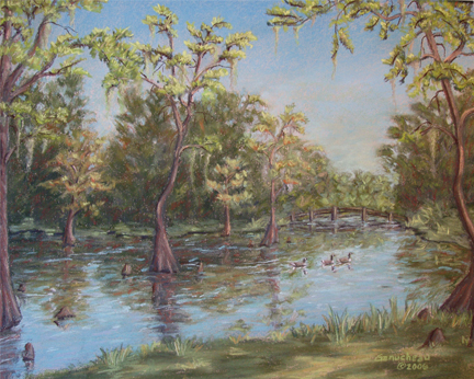 Greenfield Lake, pastel art painting of cypress trees in Greenfield Lake Wilmington, NC