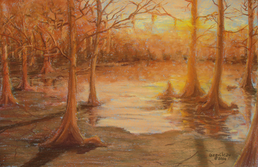 Greenfield Lake, Pastel original art painting of Foggy sunrise at Greenfield Lake in Wilmington, NC