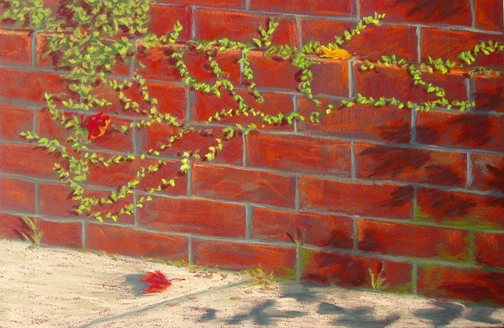 Downtown Wilmington, NC, pastel art painting paintings of green lacy vines on a red brick wall