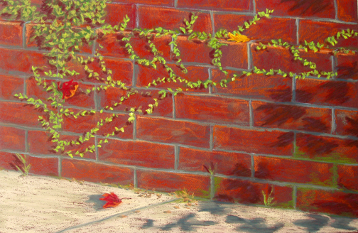 Downtown Wilmington, NC, pastel art painting paintings of green lacy vines on a red brick wall
