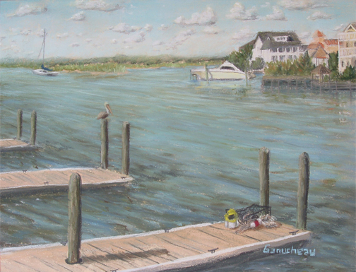 Wrightsville Beach, original art, pastel painting of Bank's Channel facing Harbor island, Wrightsville Beach NC: Island Harbor