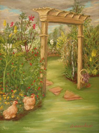 painting of a garden in Demarest Village, painted during the New Hanover Arboretum's Art in the Garden Tour in Wilmington, NC
