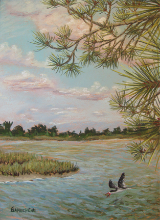 The road to beaufort, NC, original art, pastel painting of the view from Duke marine center on Pivers Island