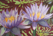 waterlily waterlilies art watercolor painting purpla and gold